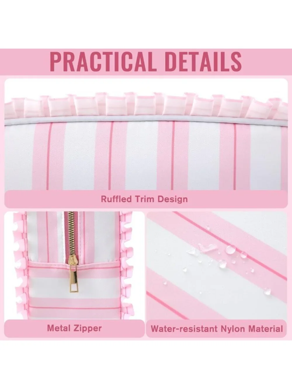Chic Pink Stripe Ruffled Makeup Bag | Stylish Cosmetic Organizer & Travel Case